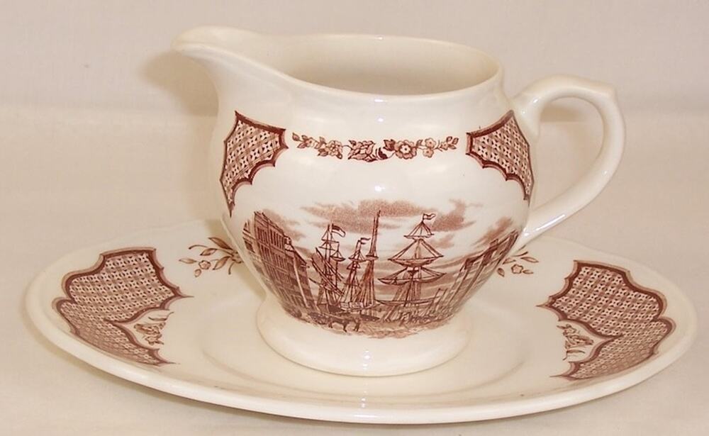 Vintage Alfred Meakin Fair Winds Brown USS Delaware Creamer and Underplate Set